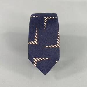LANVIN Navy White Abstract Stripe Silk Tie